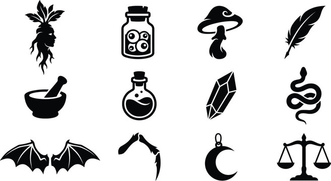 Alchemy and Witchcraft Ingredient Icons - Potion, Mandrake Root, Crystal, and Magic Spell Items Set
