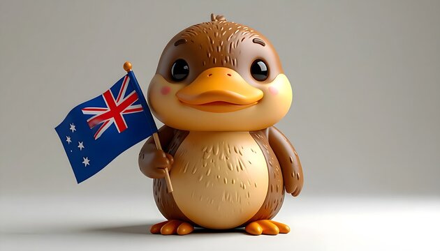 Figura kawaii de ornitorrinco sosteniendo bandera de Australia sobre fondo neutro minimalista