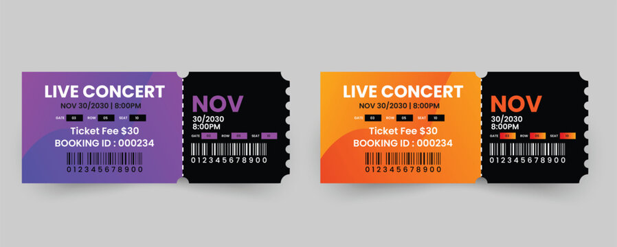 Vibrant live concert tickets vector set