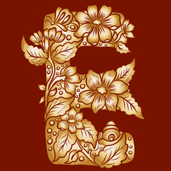 Floral alphabet letter A-Z hand drawn Illustration, Decorative botanical typography for coloring Pages and creative design.Set of flower alphabet.Line art and doodle for t-shirt.Elements with flower.