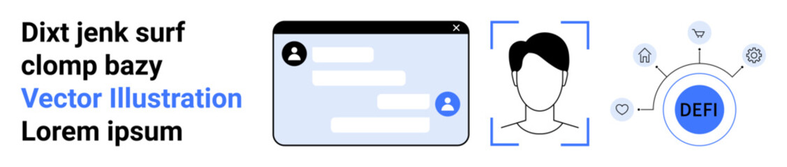 Fototapeta premium Identity security, decentralized finance, communication networks, digital authentication, blockchain applications, fintech. Chat window with avatar, user recognition icon, DeFi network diagram