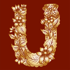 Floral alphabet letter A-Z hand drawn Illustration, Decorative botanical typography for coloring Pages and creative design.Set of flower alphabet.Line art and doodle for t-shirt.Elements with flower.