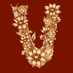 Floral alphabet letter A-Z hand drawn Illustration, Decorative botanical typography for coloring Pages and creative design.Set of flower alphabet.Line art and doodle for t-shirt.Elements with flower.