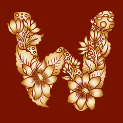 Floral alphabet letter A-Z hand drawn Illustration, Decorative botanical typography for coloring Pages and creative design.Set of flower alphabet.Line art and doodle for t-shirt.Elements with flower.