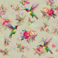Obraz premium Seamless Pattern of Hummingbirds Near Colorful Flowers Designed for Childrens Pajamas and Bedroom Wallpaper With Open Space for Mockup Uses