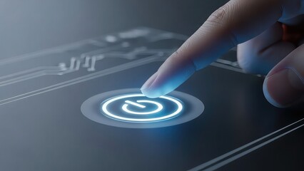 Close up of finger pressing glowing power button on futuristic device with circuit board background in dark room with blue light with glowing button