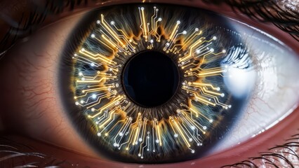 Close up of a human eye with a futuristic digital circuit pattern integrated into the iris and pupil symbolizing advanced technology and artificial intelligence