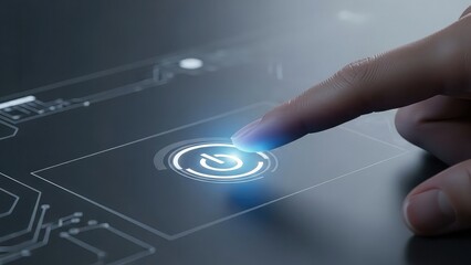 Close up of finger pressing illuminated power button on futuristic interface with glowing blue light and circuit board design with technology