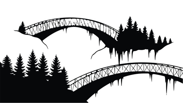 Serene winter landscape with ornate bridges and pine trees silhouetted against white