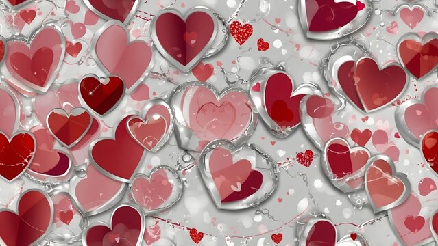Fondo rom&aacute;ntico con corazones rojos y rosas superpuestos en patr&oacute;n decorativo brillante