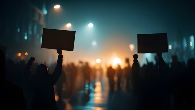 Nighttime street protest or demonstration. Violent protest, unrest, overthrown silhouette. Uprising  crowd of people, some holding blank signs or banners. 
