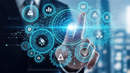 Businessman interacting with futuristic digital interface technology concept with glowing blue circuits and icons floating above his hand in a dark suit