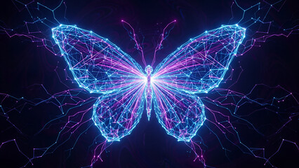 Vibrant neon butterfly with glowing purple and blue lines on dark background