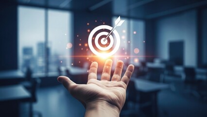 Hand holding glowing target with arrow in modern office background symbolizing business goals and success with strategy and planning and vision