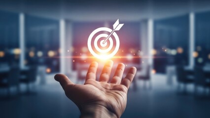 A hand holding a glowing target with an arrow in a modern office setting symbolizing business goals and success with achievement and strategy