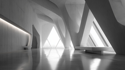 Modern Architecture Interior Design with Geometric Concrete Shapes and Light Reflections for Creative Spaces and Minimalist Aesthetics