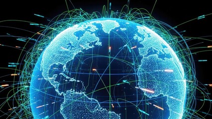 Glowing blue earth with network connections and data streams on black background representing global communication and technology with digital earth