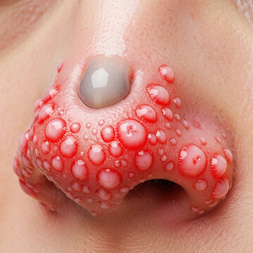 Nasal polyps Extreme close up of human nose with many red inflamed pimples and large whitehead