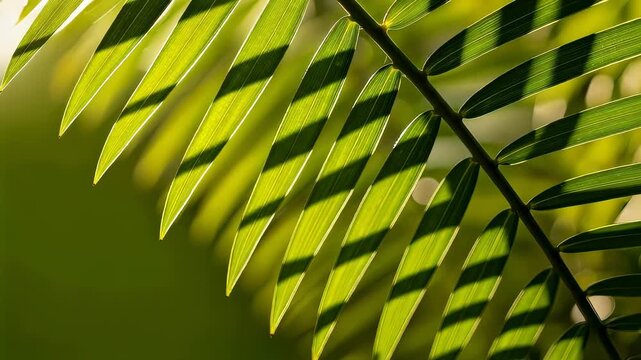Sunlight streaming through green palm leaf shadow detail. Natural pattern for tropical background or Palm Sunday concept.