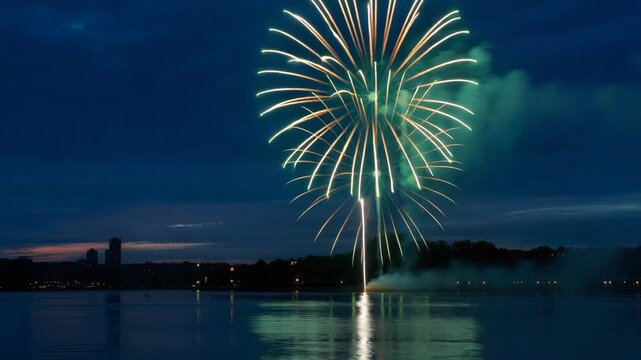 Spectacular vibrant firework display bursts with brilliant red and green colors against dark evening sky reflecting beautifully on calm water with dis