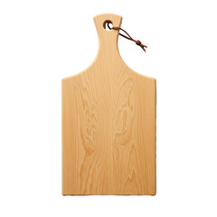 Fototapeta premium A premium light maple wood paddle cutting board with polished grain texture, isolated on a white background in a flat lay view. Concept of rustic-modern cooking.