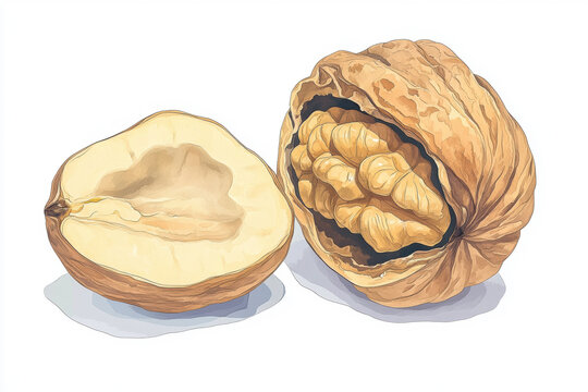 Watercolor illustration of a cracked walnut revealing its healthy kernel and empty shell. A detailed watercolor painting showcases a whole walnut split open to display its intricate kernel.