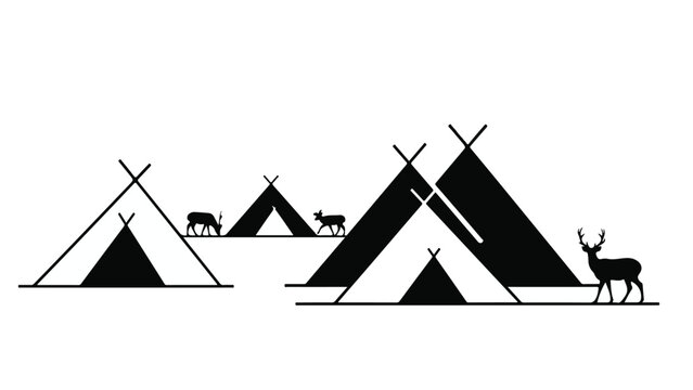 Minimalist illustration of teepee tents and reindeer in a serene landscape