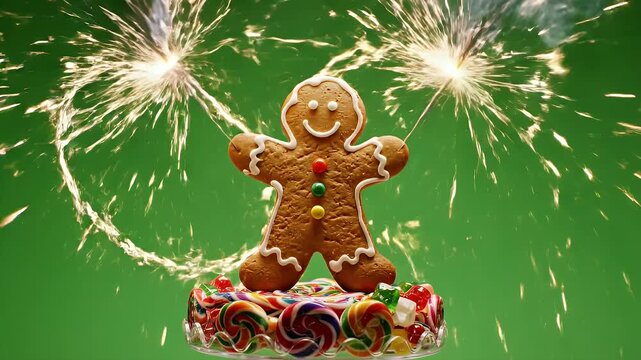 Gingerbread Man Waving Sparkler on Candy Cake Stand with Green Screen Background for Festive Celebration and Holiday