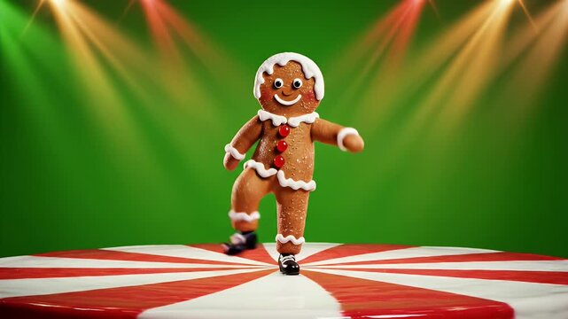 Festive Gingerbread Character Tap Dancing on Red and White Peppermint Candy Stage with Green Screen Backdrop and Bright
