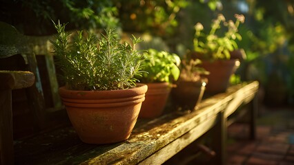 Growing green herbs and spices in a pot. Rosemary and basil herbs growing in a row of classic terracotta pots on a wooden surface. Healthy potted culinary herb plants on a wooden bench