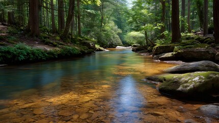 Obraz premium A clear stream flows through a sun d d forest with moss covered rocks and lush green foliage