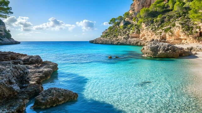 Turquoise Mediterranean cove with rocky shore and green cliffs - Powered by Adobe