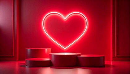 Valentine Red Podium with Neon Heart Background, Romantic Minimal 3D Scene