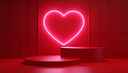 Valentine Red Podium with Neon Heart Background, Romantic Minimal 3D Scene