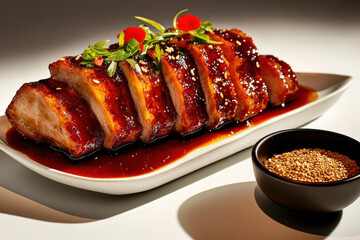 Gourmet glazed pork loin slices with fresh mint and red onion garnish. Succulent slices of glazed pork loin are artfully arranged on a white plate, bathed in a rich, savory sauce.