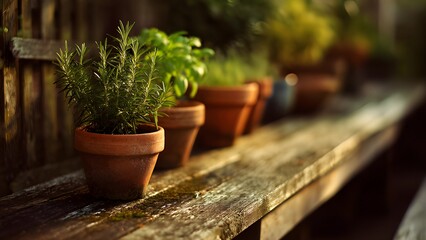 Growing green herbs and spices in a pot. Rosemary and basil herbs growing in a row of classic terracotta pots on a wooden surface. Healthy potted culinary herb plants on a wooden bench
