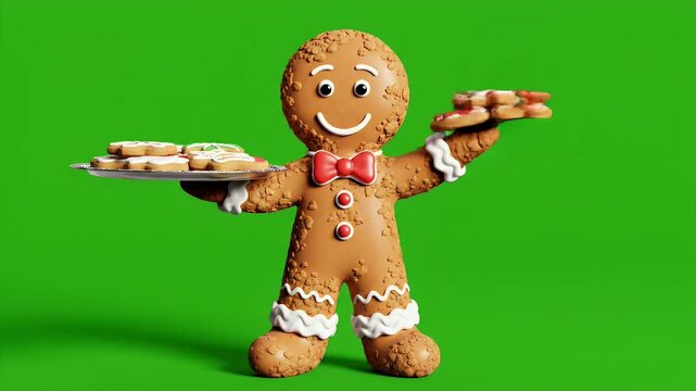 Gingerbread Man Presenting Tray of Decorated Christmas Cookies on Green Screen for Festive Holiday Themed Animations