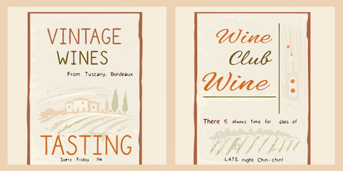 Vintage wine labels with Tuscan landscapes and text for tasting events