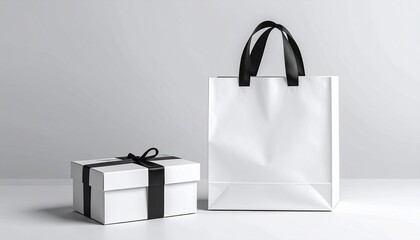 A white gift box tied with black ribbon next to a white paper shopping bag with black handles