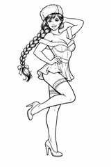 Obraz premium Stylish pinup girl in a fur hat, short outfit, and high heels strikes a playful pose, perfect for retro fashion, coloring pages, posters, and vintage design projects.