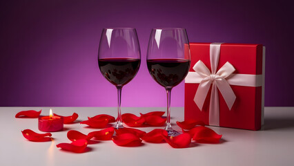 Valentine's day romance setup with wine glasses gift and roses