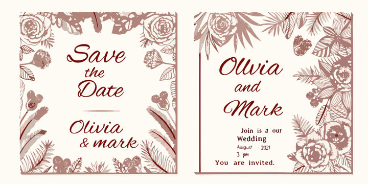Elegant floral wedding save the date cards with vintage botanical illustrations