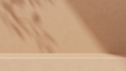 Minimal warm beige and brown 3D background rendered in professional 3D software. Featuring smooth surface textures, soft directional shadows, and a clean horizontal platform, this scene is ideal 