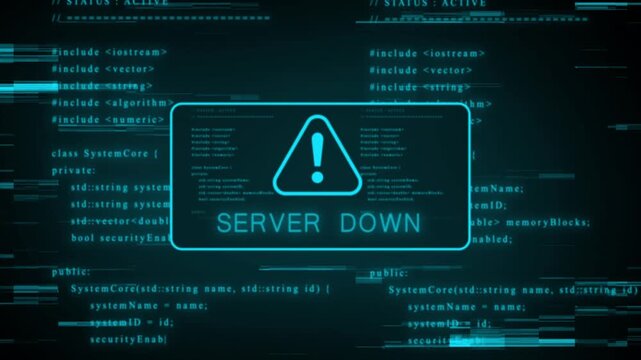 Cyan digital code a warning triangle and system status messages with glitch effects and a dark background suggesting a cybersecurity threat or system error Keywords: code, programming, computer