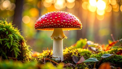 Amanita muscaria mushroom in a forest with sunlight shining through.