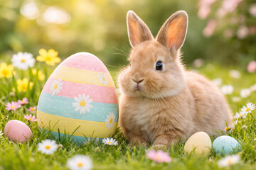 Generative AI Easter Bunny beside Easter Egg in Pastel Colors