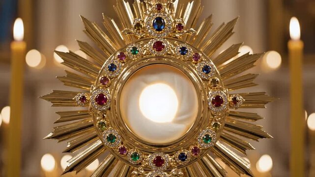 Close-up of an ornate golden monstrance displaying the Holy Eucharist, representing spiritual devotion and sacred presence within a reverent worship setting
