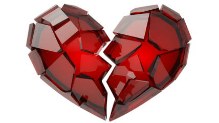 A shattered red heart fractured into many pieces isolated against a stark black background