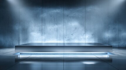 Sleek Futuristic Metallic Product Display Stage with Blue LED Lighting on Reflective Floor and Concrete Wall Background