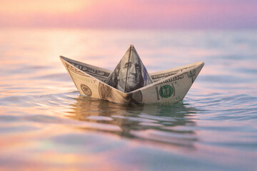 Generative AI Paper Boat Made from US Dollar Banknote Floating on the Sea Business Concept